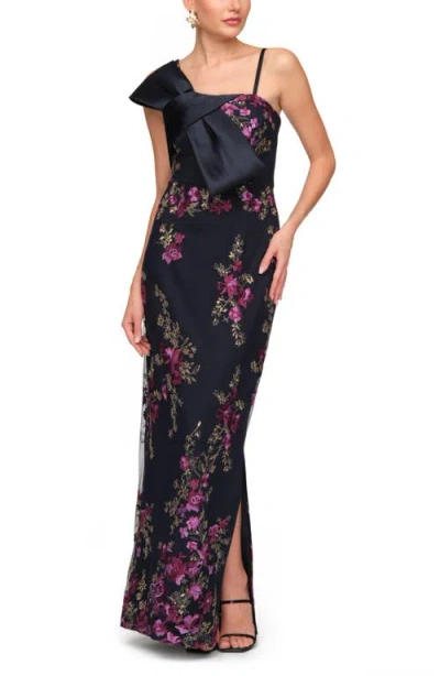 Js Collections Piper Bow Embroidered Evening Gown In Black