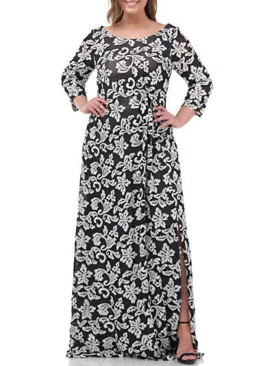 Js Collections Plus Womens Mesh Embroidered Evening Dress In Silver