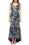 Js Collections Rosaline Floral Embroidered High-low Gown In Navy/ Sage