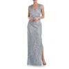 Js Collections Rosalynn Embroidered Floral V-neck Column Gown In Silver