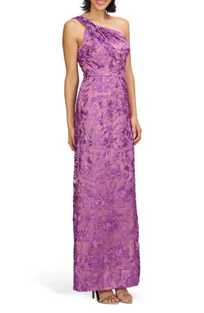 Js Collections Samantha Floral Embroidery One-shoulder Column Gown In Violet Rose