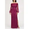 Js Collections Savannah Embellished Off The Shoulder Long Sleeve Chiffon Column Gown In Pink