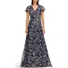 Js Collections Skylar Floral Embroidered Gown In Navy/wheat