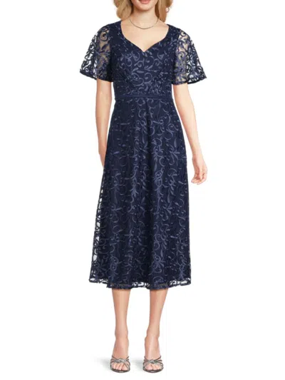 Js Collections Women's Embroidered Mesh Midi-cocktail Dress In Blue