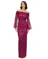 Js Collections Savannah Embellished Off The Shoulder Long Sleeve Chiffon Column Gown In Purple