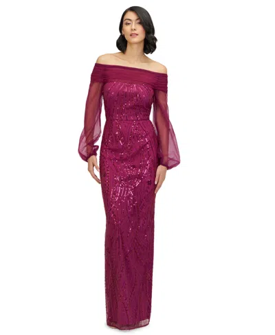 JS COLLECTIONS WOMEN'S SAVANNAH EMBELLISHED OFF THE SHOULDER LONG SLEEVE CHIFFON COLUMN GOWN