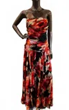 Js Collections Women's Strapless Chiffon Floral Printed Long Dress In Orange/black In Brown