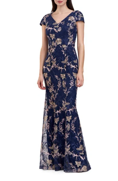 Js Collections Zara Embroidered Metallic Mermaid Gown In Navy/blush