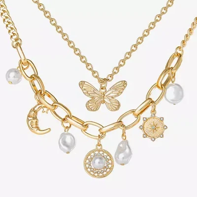 Js Jessica Simpson Gold Tone Charm & Pendant Womens Glass Butterfly Moon Star 2-pc. Necklace Set In Yellow