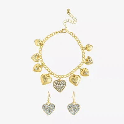 Js Jessica Simpson Gold Tone Charm Bracelet & Drop Earring Womens Crystal Heart 3-pc. Jewelry Set