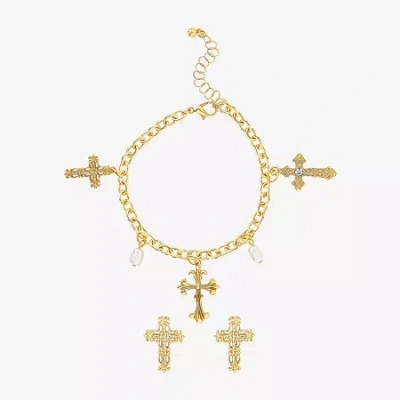 Js Jessica Simpson Gold Tone Charm Bracelet & Stud Earring Womens Multi Color Glass Simulated Pearl Cross 3-pc. Jewelry In Yellow