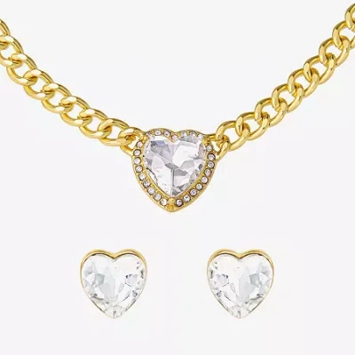 Js Jessica Simpson Gold Tone Collar Necklace & Stud Earring Womens Glass Heart 3-pc. Jewelry Set In Yellow