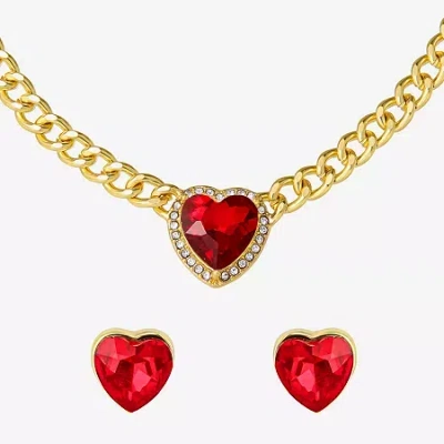 Js Jessica Simpson Gold Tone Collar Necklace & Stud Earring Womens Multi Color Glass Heart 3-pc. Jewelry Set In Yellow