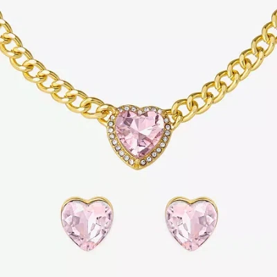 Js Jessica Simpson Gold Tone Collar Necklace & Stud Earring Womens Pink Glass Heart 3-pc. Jewelry Set In Yellow