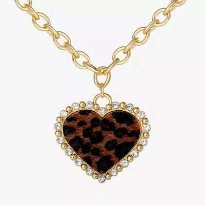 Js Jessica Simpson Gold Tone Leopard Print Womens Glass Alloy Heart 18 Inch Pendant Necklace In Yellow