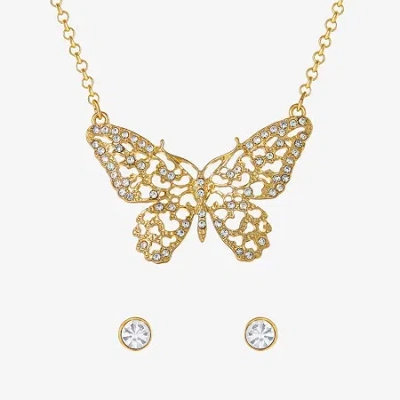 Js Jessica Simpson Gold Tone Pendant Necklace & Stud Earring Womens Crystal Butterfly 3-pc. Jewelry Set In Yellow
