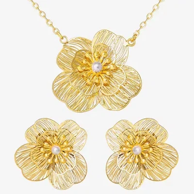 Js Jessica Simpson Gold Tone Pendant Necklace & Stud Earring Womens White Simulated Pearl Flower 3-pc. Jewelry Set In Yellow
