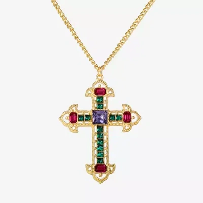 Js Jessica Simpson Gold Tone Womens Multi Color Glass Alloy Cross 23 Inch Pendant Necklace In Yellow
