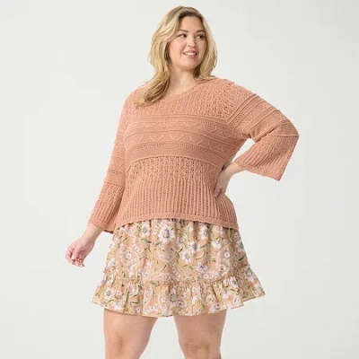 Js Jessica Simpson Plus Womens Round Neck Elbow Sleeve Pullover Sweater In Brown