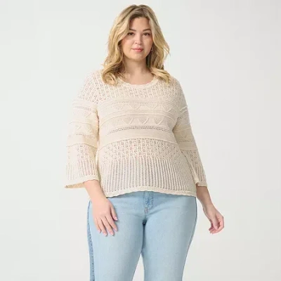 Js Jessica Simpson Plus Womens Round Neck Elbow Sleeve Pullover Sweater In Sand