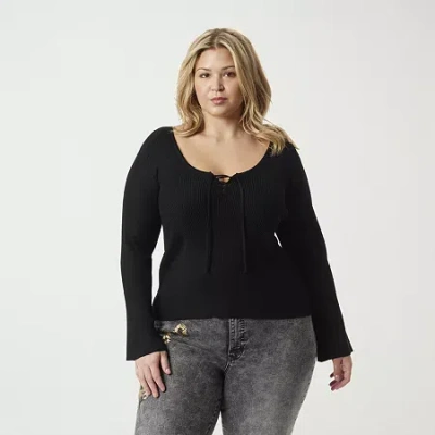 Js Jessica Simpson Plus Womens Split Tie Neck Long Sleeve Pullover Sweater In Black
