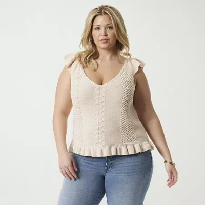 Js Jessica Simpson Plus Womens V Neck Sleeveless Cable Knit Pullover Sweater In White