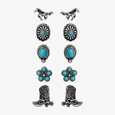 Js Jessica Simpson Silver Tone Western Stud Womens Turquoise Flower 5 Pair Earring Set In Blue