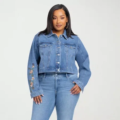 Js Jessica Simpson Womens Plus Denim Embroidered Midweight Jacket In Blue