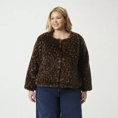 Js Jessica Simpson Womens Plus Faux Shearling Heavyweight Coat In Brown