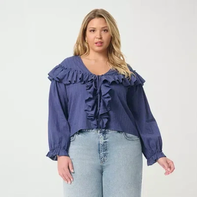 Js Jessica Simpson Womens Plus Keyhole Neck Long Sleeve Blouse In Blue