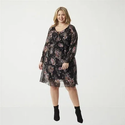 Js Jessica Simpson Womens Plus Long Sleeve Animal A-line Dress In Black