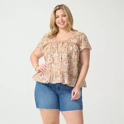 Js Jessica Simpson Womens Plus Scoop Neck Short Sleeve Blouse In Brown