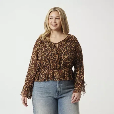 Js Jessica Simpson Womens Plus Split Tie Neck Long Sleeve Lined Blouse In Yellow