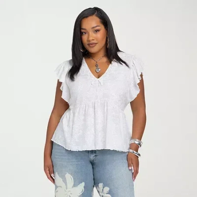 Js Jessica Simpson Womens Plus V Neck Short Sleeve Blouse In White