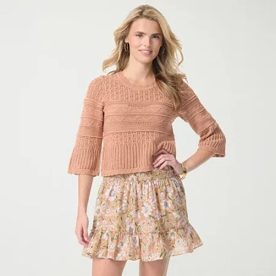 Js Jessica Simpson Womens Round Neck Elbow Sleeve Pullover Sweater In Brown