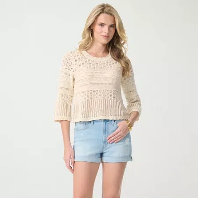 Js Jessica Simpson Womens Round Neck Elbow Sleeve Pullover Sweater In Sand