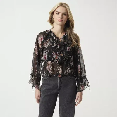 Js Jessica Simpson Womens Split Tie Neck Long Sleeve Lined Blouse In Black