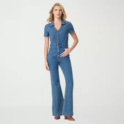 Js Jessica Simpson Womens V Neck Long Sleeve Jumpsuit In Blue