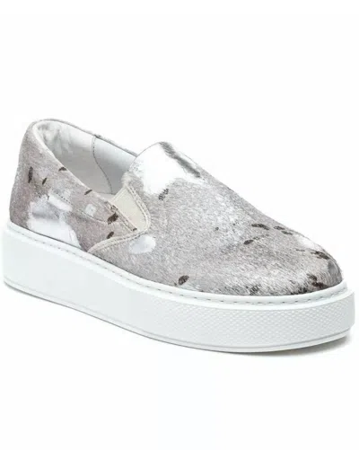 J/slides Women's Delia Pony Haircalf & Leather Sneaker In Silver/white Metallic