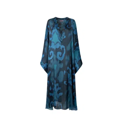 Juan Avellaneda X Seeiou Women's Allegra Blue Printed Kaftan With Front Tie & Batwing Sleeves