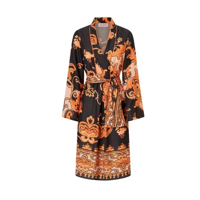 Juan Avellaneda X Seeiou Women's Black / Yellow / Orange Kaira Orange & Black Printed Short Kaftan - With Tie Belt