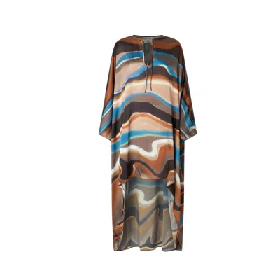 Juan Avellaneda X Seeiou Women's Blue / Brown Ava Asymmetric Printed Kaftan With Front Bow & Batwing Sleeves