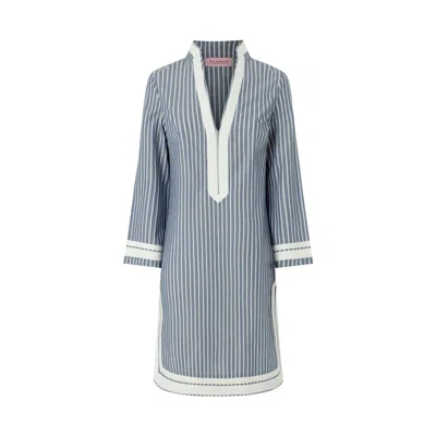 Juan Avellaneda X Seeiou Women's Blue Claire Short Kaftan Striped Denim