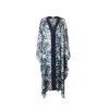 Juan Avellaneda X Seeiou Women's Blue / White Long Printed Kaftan V-neckline In Blue And White - Delphine