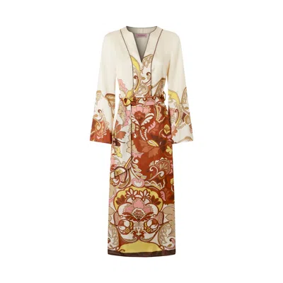 Juan Avellaneda X Seeiou Women's White / Brown / Yellow Kaftan Vedha Printed  In Orange With Pink