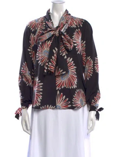 Pre-owned Juan Carlos Obando Floral Print Tie Neck Blouse In Black
