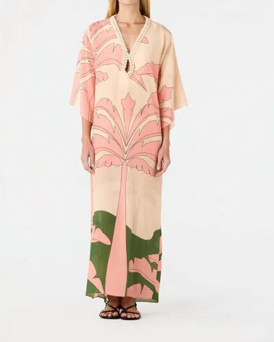Juan De Dios Andina Cowrie Shell Neckline Tunic Kaftan Dress In Peach Palms In Blue