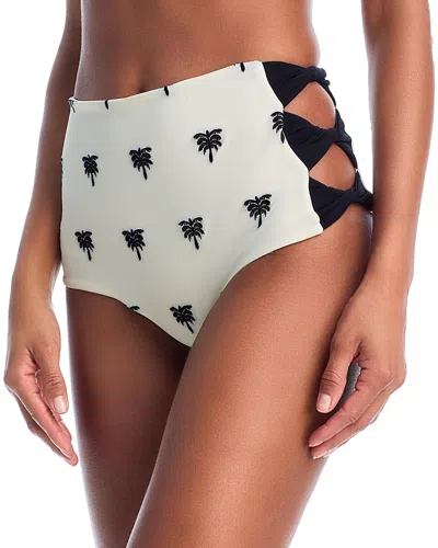 Juan De Dios Embroidered Cutout Side Bikini Bottom In Ivory - Black Polka Palms