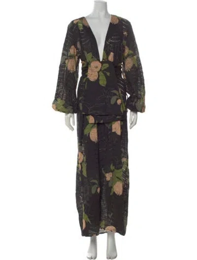 Pre-owned Juan De Dios Floral Print Long Dress In Black