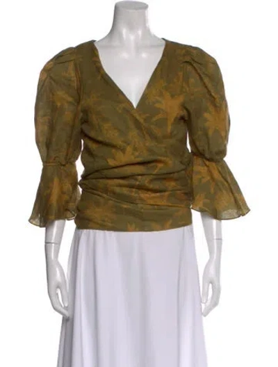 Pre-owned Juan De Dios Linen Floral Print Blouse In Green